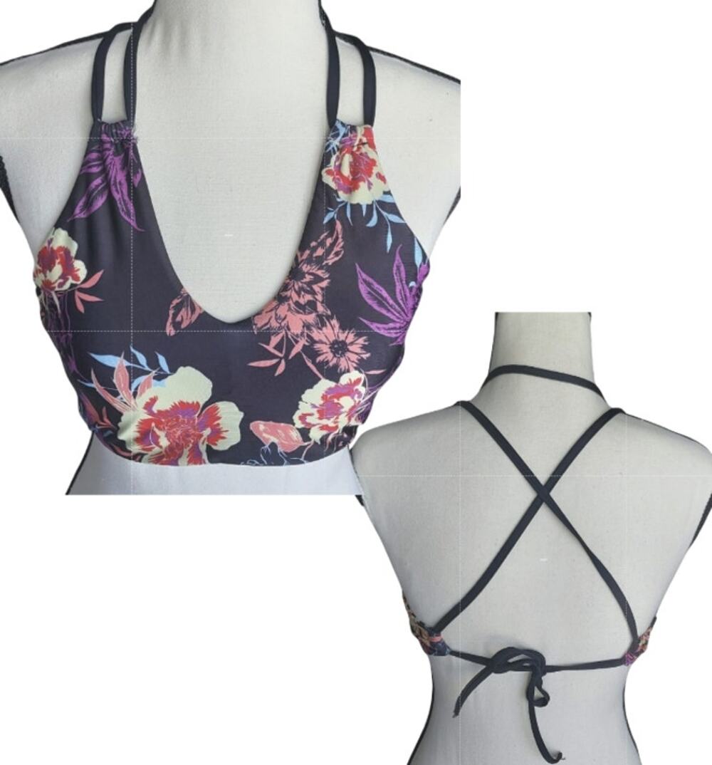 Splendid Floral Stripe Reversible Racerback Tie Back Bikini Top Extra Small NWOT
